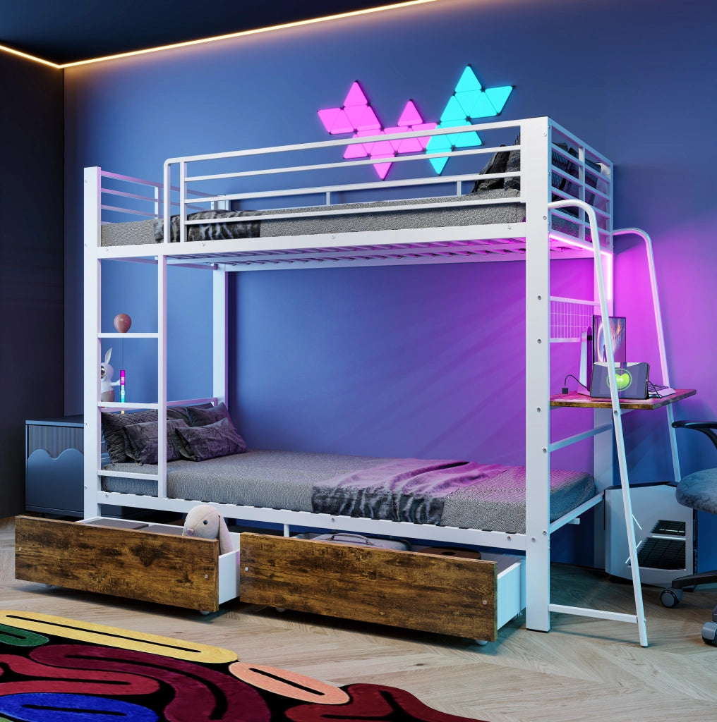 Letto a castello 90x200 cm con cassetti in MDF e metallo, portata 250 kg