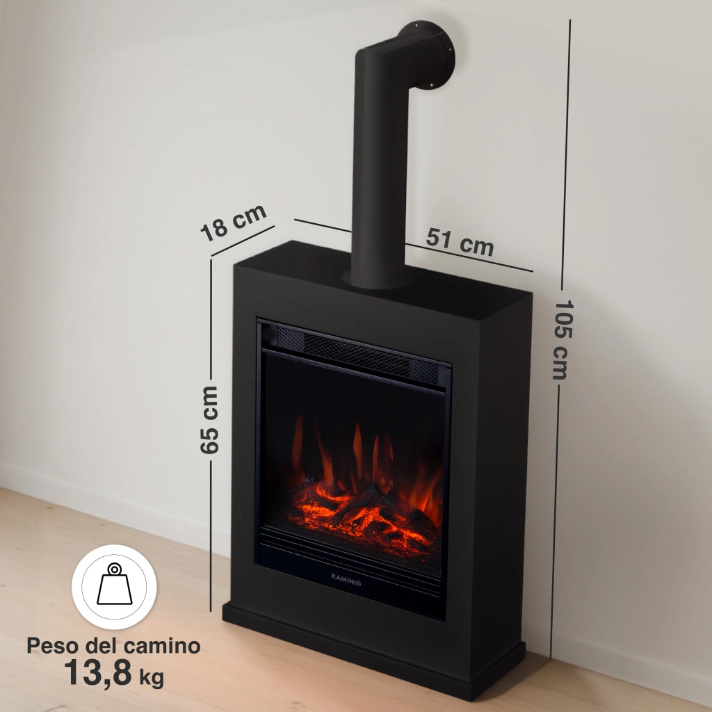 KAMINIO Camino elettrico KALLE con tubo del camino - Caminetto elettrico a pavimento con riscaldamento, effetto fiamma 3D, telecomando - Nero