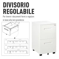 Cassettiera Ufficio con Ruote, Schedario Portadocumenti a 2 Cassetti con Serratura e 2 Chiavi in Acciaio, 39x48x67cm, Bianco