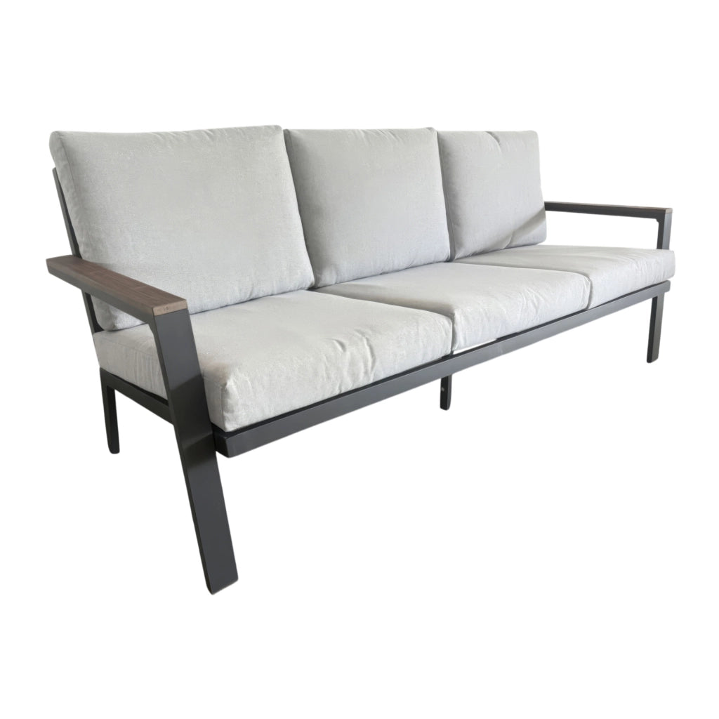 Ikigai - Set Salotto da Giardino Divano 3 Posti 2 Poltrone e Tavolino con Cuscini in Alluminio e Legno Plywood