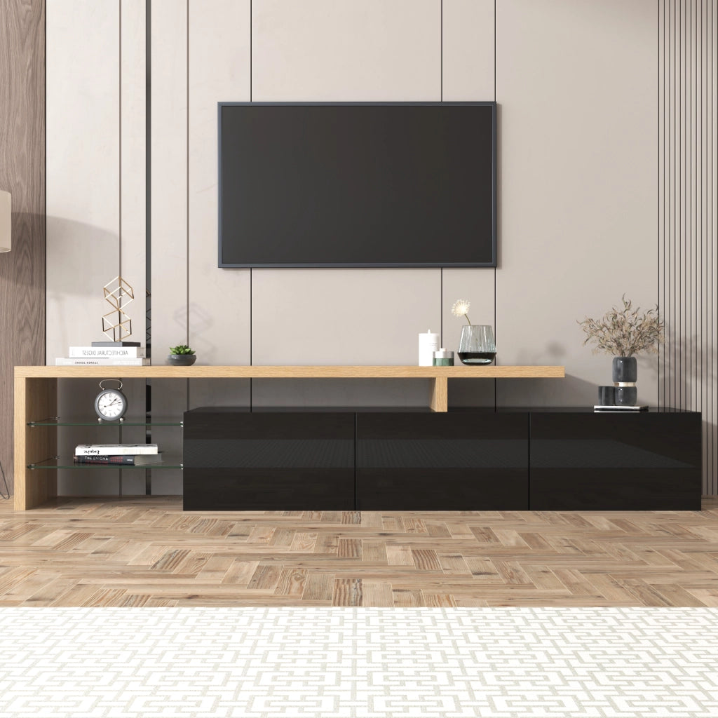Mobile TV 197.5x39x42 cm; con ripiani in vetro e LED a 7 colori; MDF e vetro; colore naturale e nero