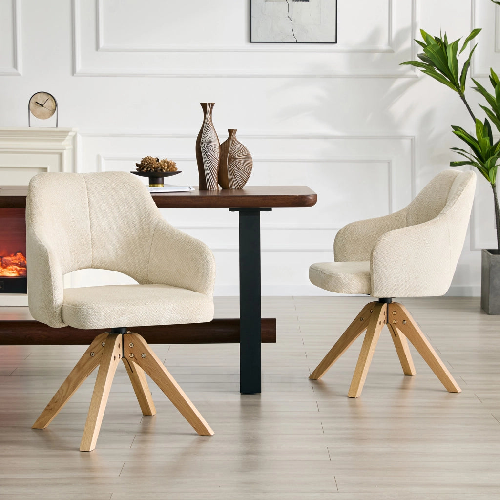 Set di 2 sedie girevoli da pranzo in tessuto strutturato beige-bianco con gambe in legno massello, rotazione 360° e portata fino a 120 kg
