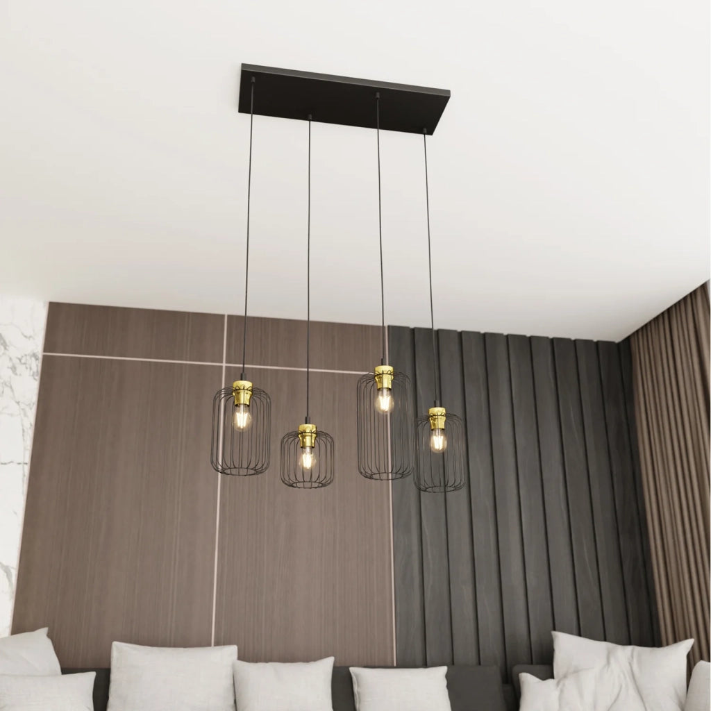Sospensione Minimal Industrial Minerva 4 Luci Lineari Nera E Oro