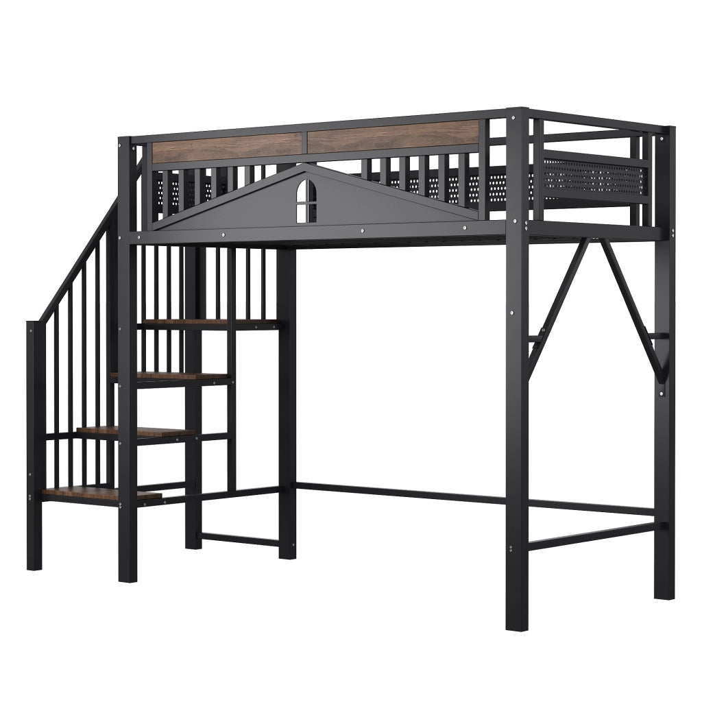 Letto a castello metallo e legno nero 90x200 cm con ringhiera