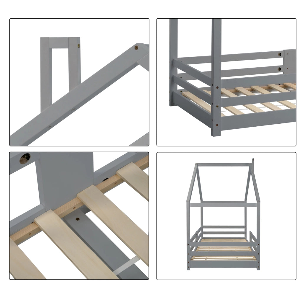 Letto a casetta per bambini 90x200 cm in legno massello di pino; grigio
