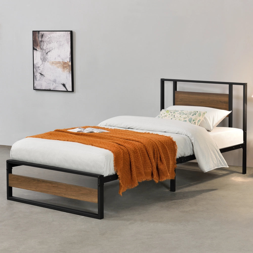 Struttura Letto Singolo Villach in Acciaio 90 x 200 cm - Nero/Effetto Noce [en.casa]