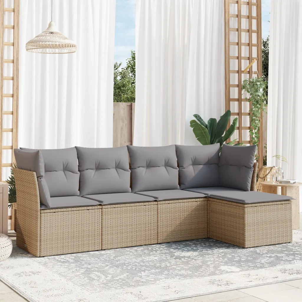 Set Divano da Giardino 5 pz con Cuscini-Sofa da Giardino-Divanetto da esterno Beige in Polyrattan 482538