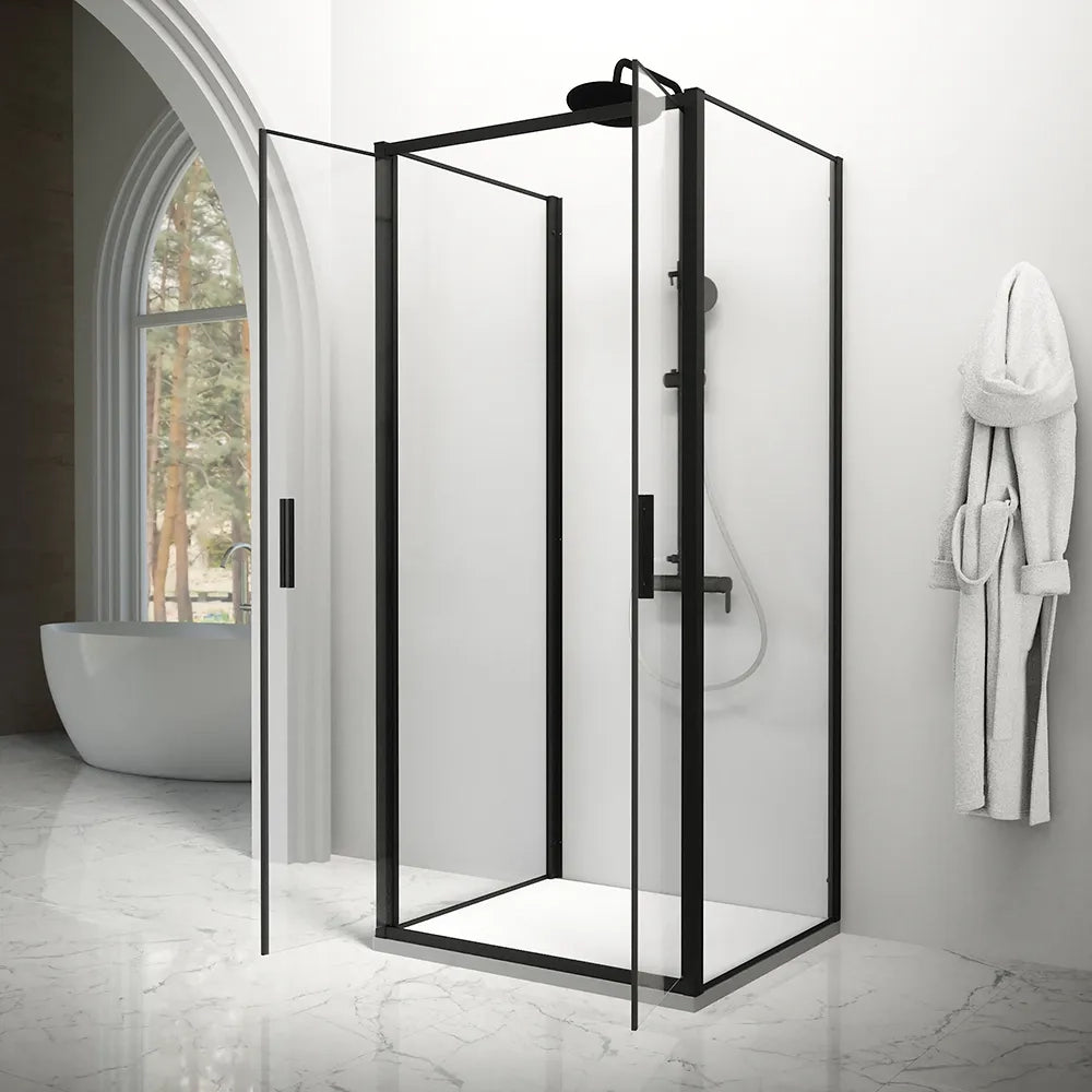 Box doccia tre lati 80x80x80cm con porta saloon profili nero opaco e vetro 6mm trasparente h190 | Portofino