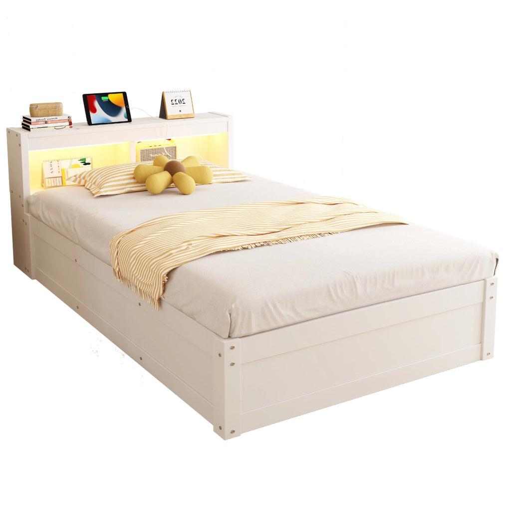 Letto multifunzione 90x200 cm con presa integrata; LED e contenitore salvaspazio; bianco