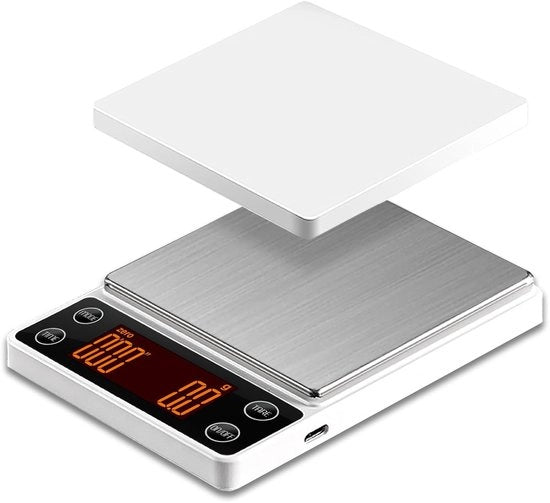 Scala da caffè digitale con timer, precisione 3 kg/0,1 g, scala per caffè, portatile, ricaricabile, automatico sbucciamento, flusso d'acqua intelligente, bianco