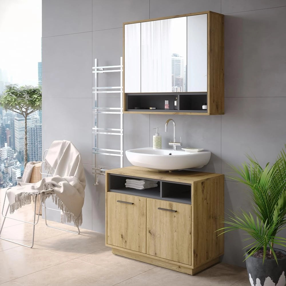 Set di mobili da bagno Beatrice, Rovere artigianale, 80 cm, composto da specchio da bagno e mobile sottolavabo