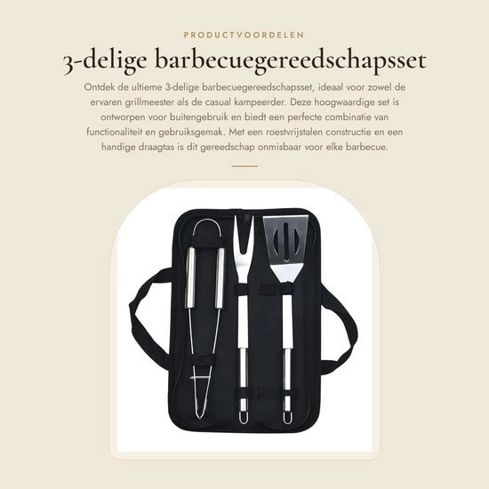 Kit di barbecue 3 pezzi - Acciaio inossidabile - Borsa portatile - Utilizzo sicuro - Facile da pulire - Manubrio antiscivolo - Set di barbecue