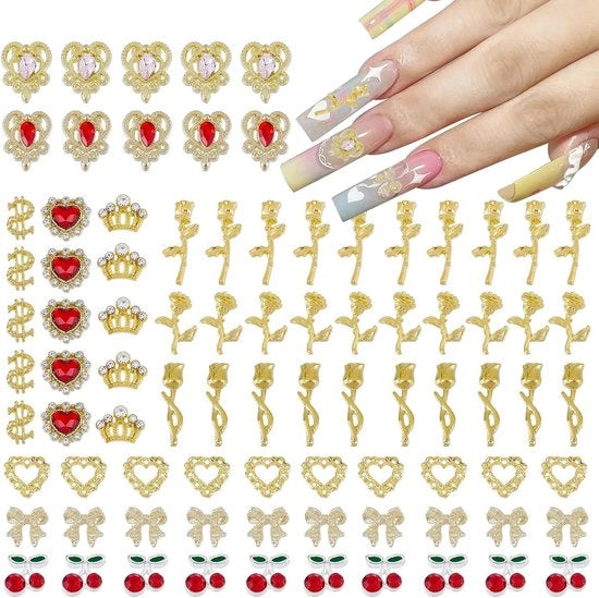 Set di appunti in oro con diamanti e strass per nail art - 85 pezzi, design cuore, ciliegie e rosa