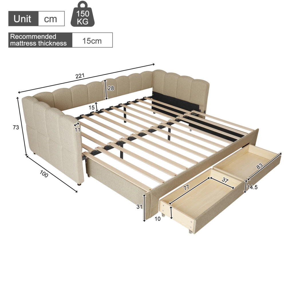Daybett ausziehbar auf 180x200 cm mit 2 Schubladen; USB- und Typ-C-Anschluss; Chenille beige