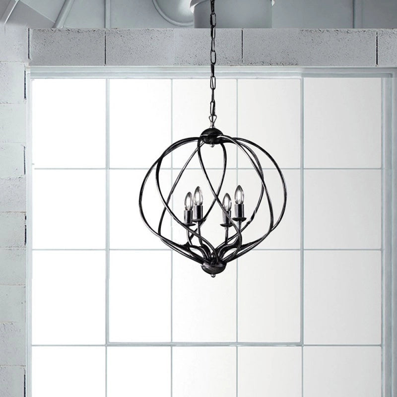 Lampadario deco sospensione ferro Nero decorazione Argento quattro luci 43x h50 cm