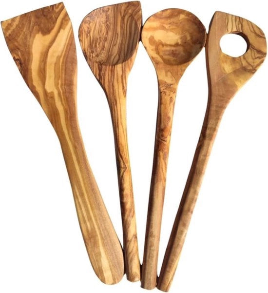 Set di cucchiai in legno di olivo di alta qualità - cucchiaio rotondo, spatola angolare, cucchiaio per risotto - set da 4 pezzi
