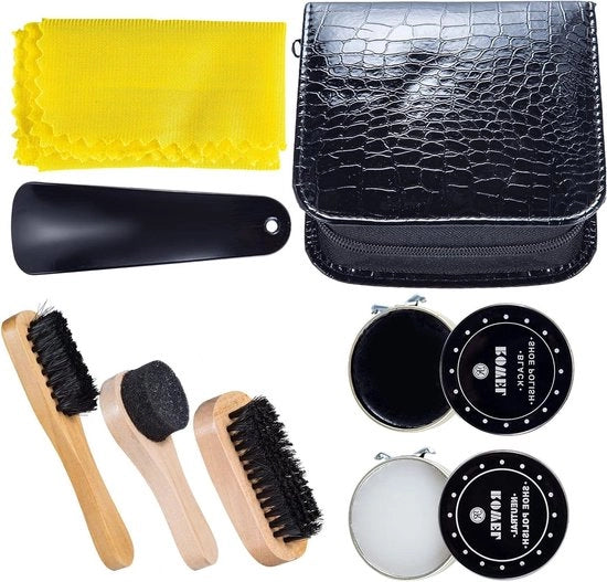 Kit di Pulizia e Manutenzione per Pelle di Cuoio Marrone e Nero con Accessori di Lusso - Set da 8 Pezzi