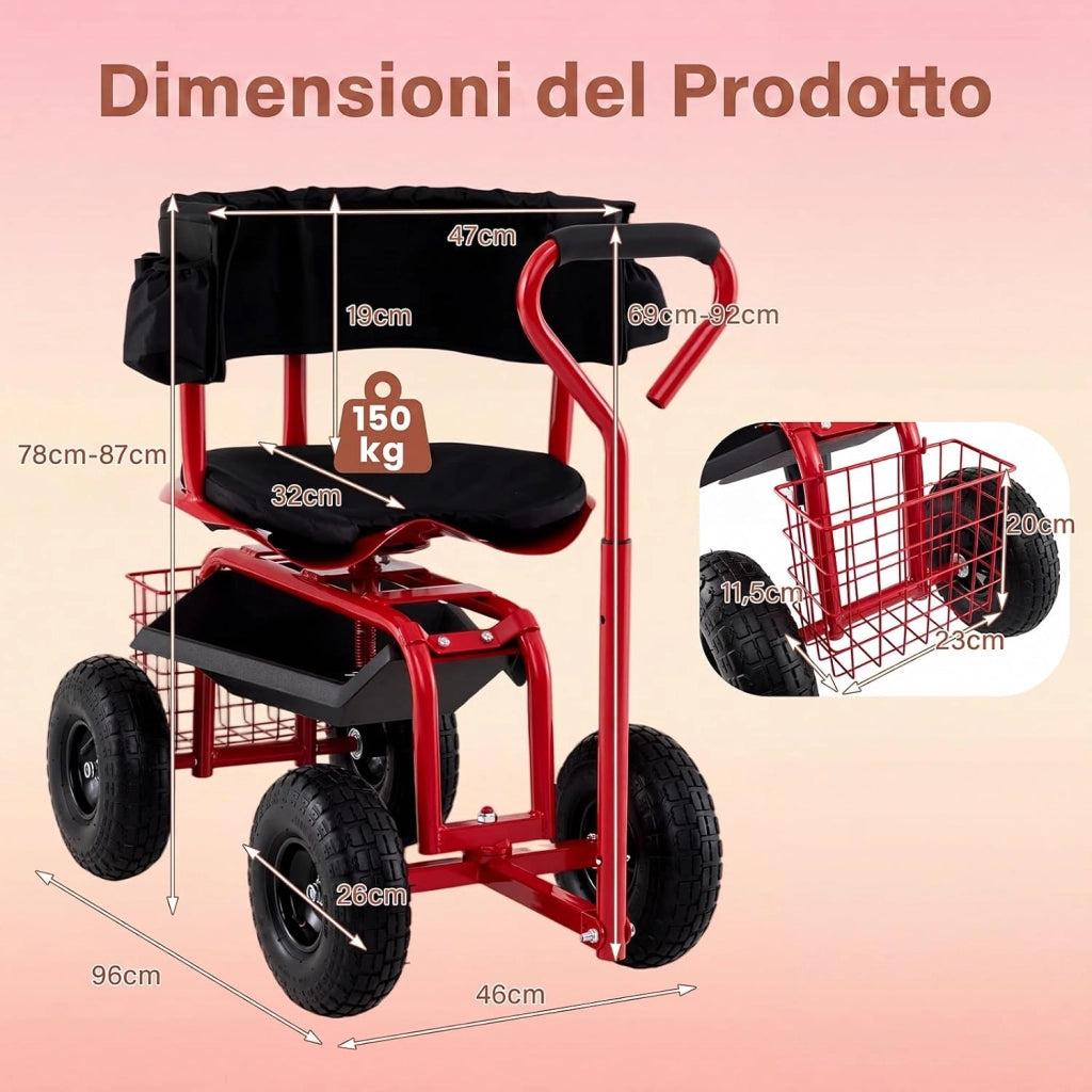Carrello da Giardino, Sgabello con Ruote Girevole a 360°, Cuscino Imbottito, Schienale, Cestino, Tasca e Vassoio Porta Attrezzi, Carriola da Giardino e Cortile, 96 x 46 x 78-87 cm (Rosso)