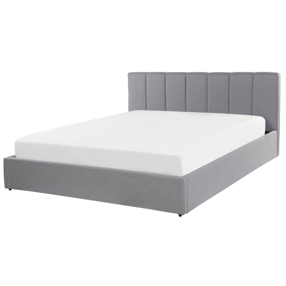 Letto contenitore Rivestimento in tessuto grigio chiaro 160 x 200 cm con testiera a doghe