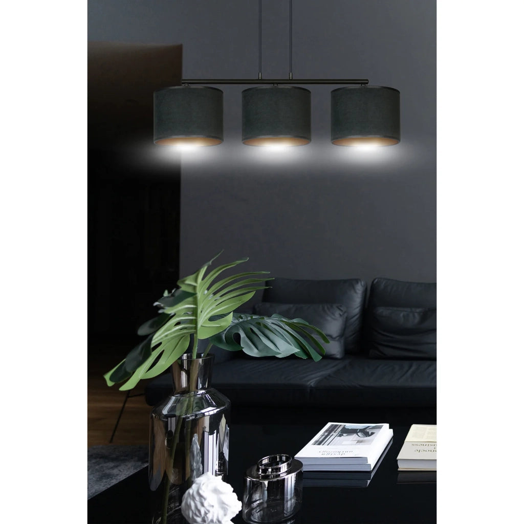 Lampadario 3 Luci Ganesha In Acciaio Nero E Paralumi In Tessuto Nero
