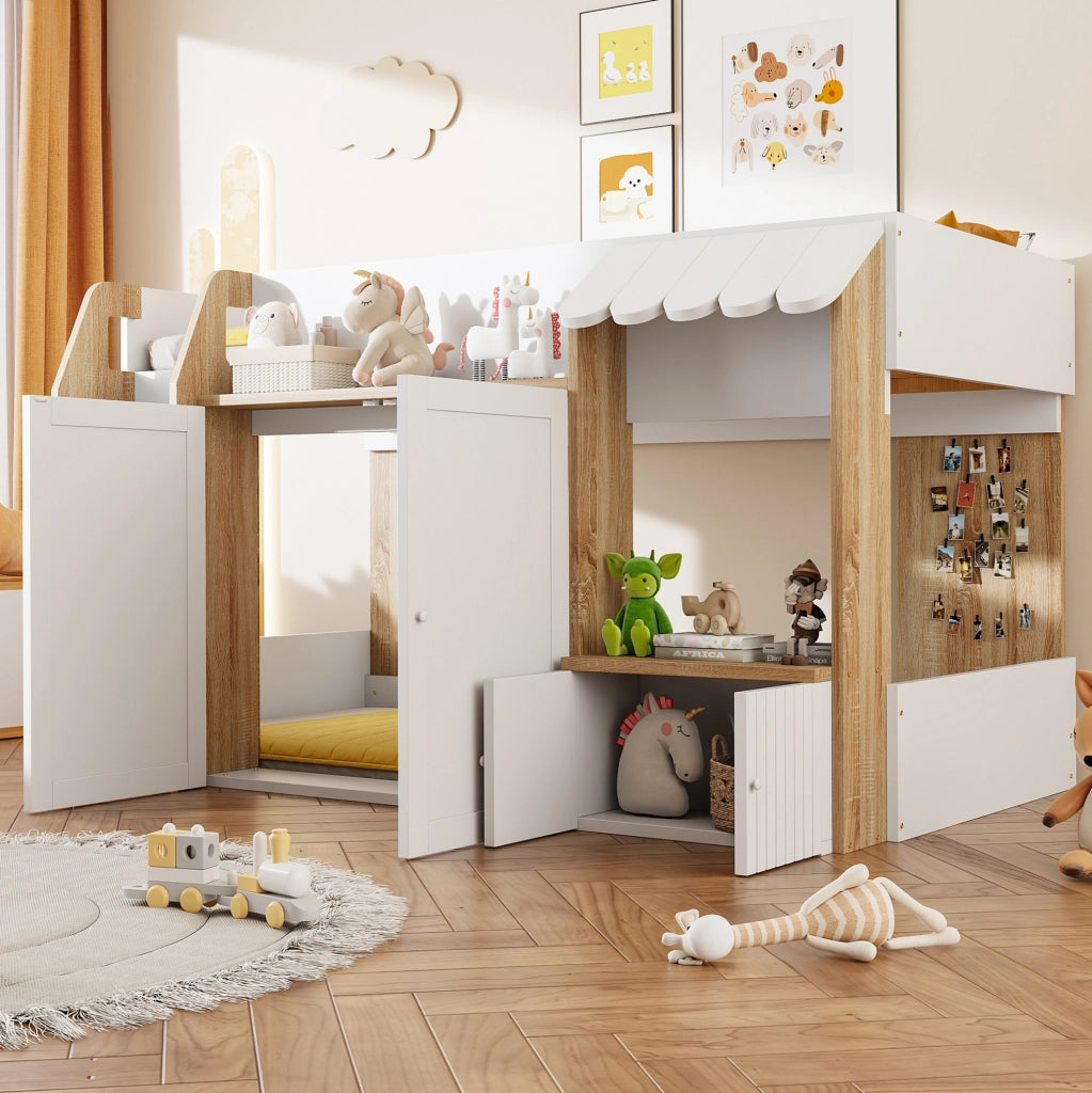 Letto a soppalco per bambini a forma di casetta 90x200 cm con scala e spazio contenitore; bianco e legno