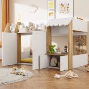 Letto a soppalco per bambini a forma di casetta 90x200 cm con scala e spazio contenitore; bianco e legno