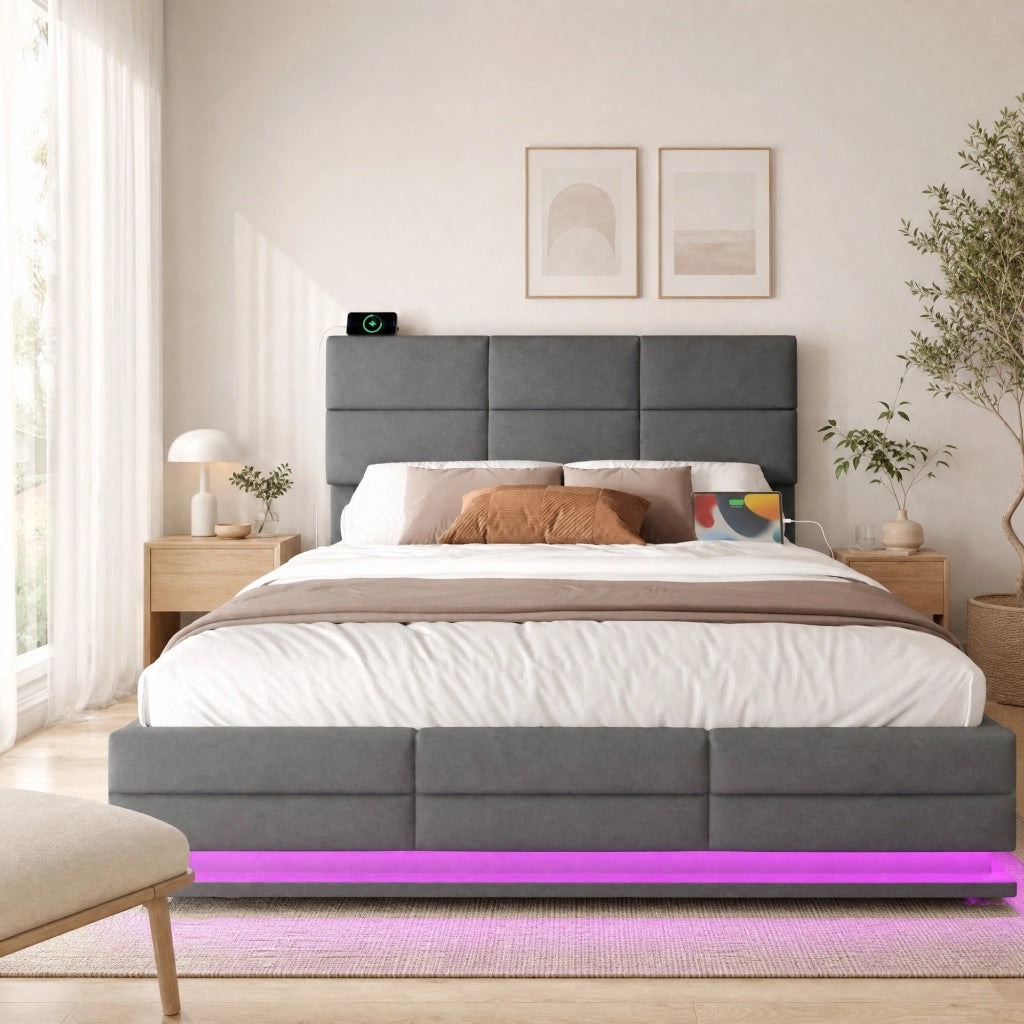 LETTO imbottito 140x200 cm in velluto grigio scuro con USB, LED e sollevamento idraulico