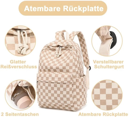 Borsa per Ragazze Grande con Tasche per Libri per Scuola e Liceo, Borsa per Laptop Leggera con Cordoncino (Cord Kariert)