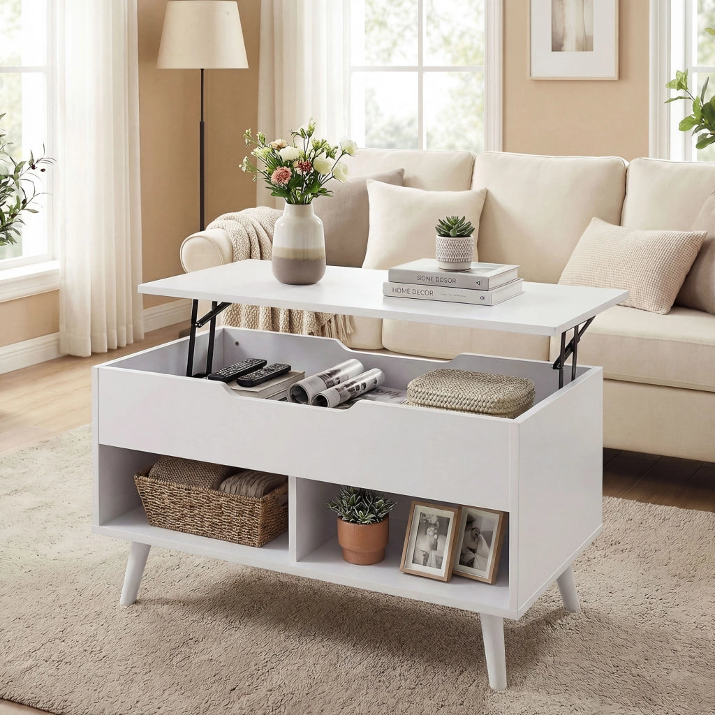 Tavolino da Caff¨¨ con Piano Sollevabile e Spazio Nascosto, 75 cm Bianco Punzonato