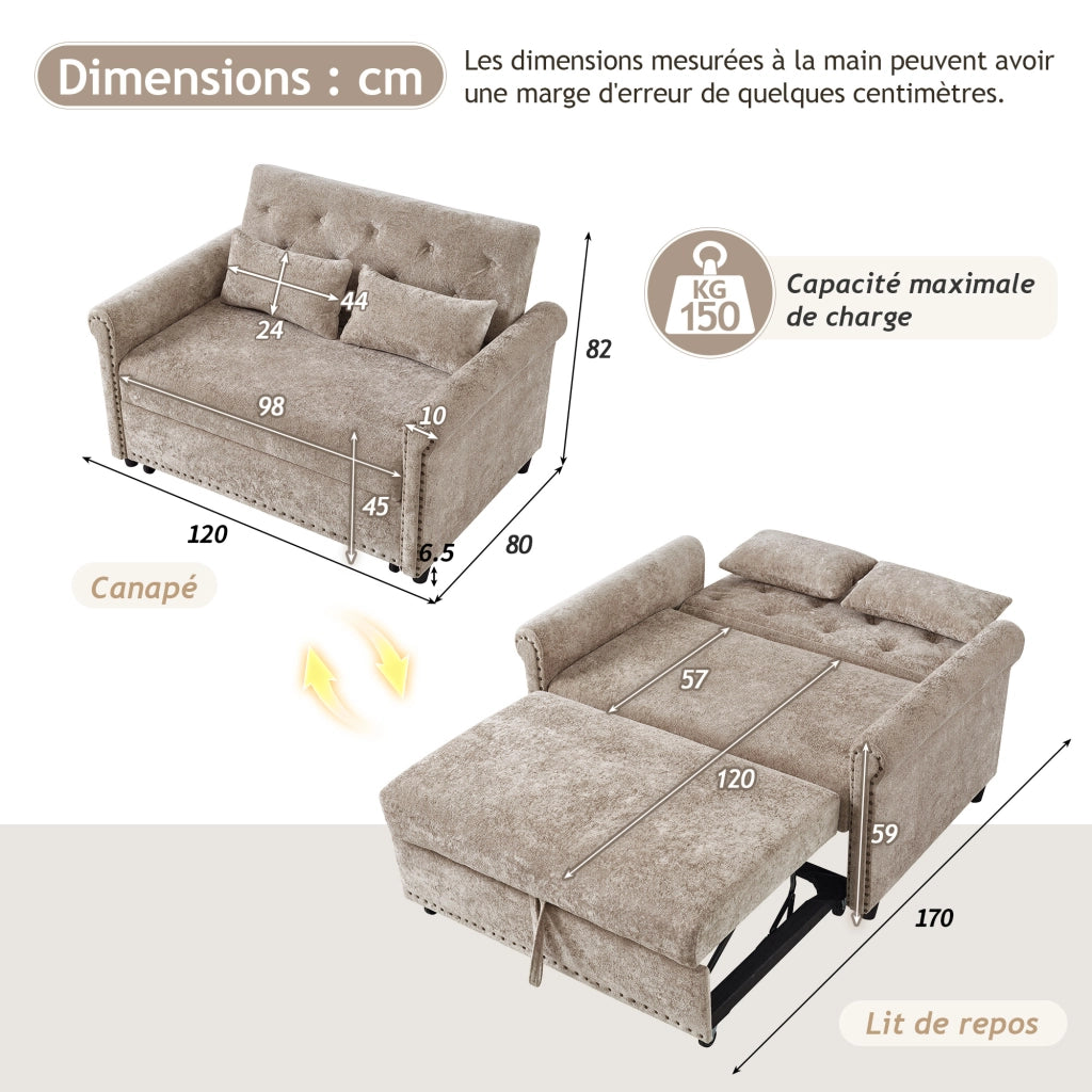 Divano letto 2 posti con schienale reclinabile e 2 cuscini - in ciniglia marrone grigio