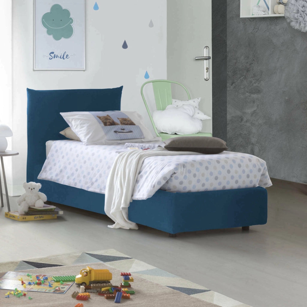 Letto singolo Astianatte, Letto contenitore con rivestimento in tessuto, 100% Made in Italy, Apertura laterale, con materasso Cm 80x190 incluso, Blu