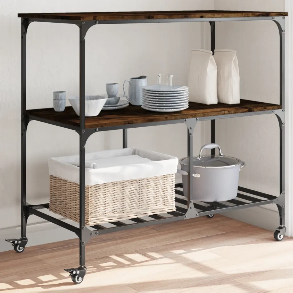 Carrello da Cucina-Scaffale per Cucina Rovere Fumo 100x50x95cm in Legno Multistrato