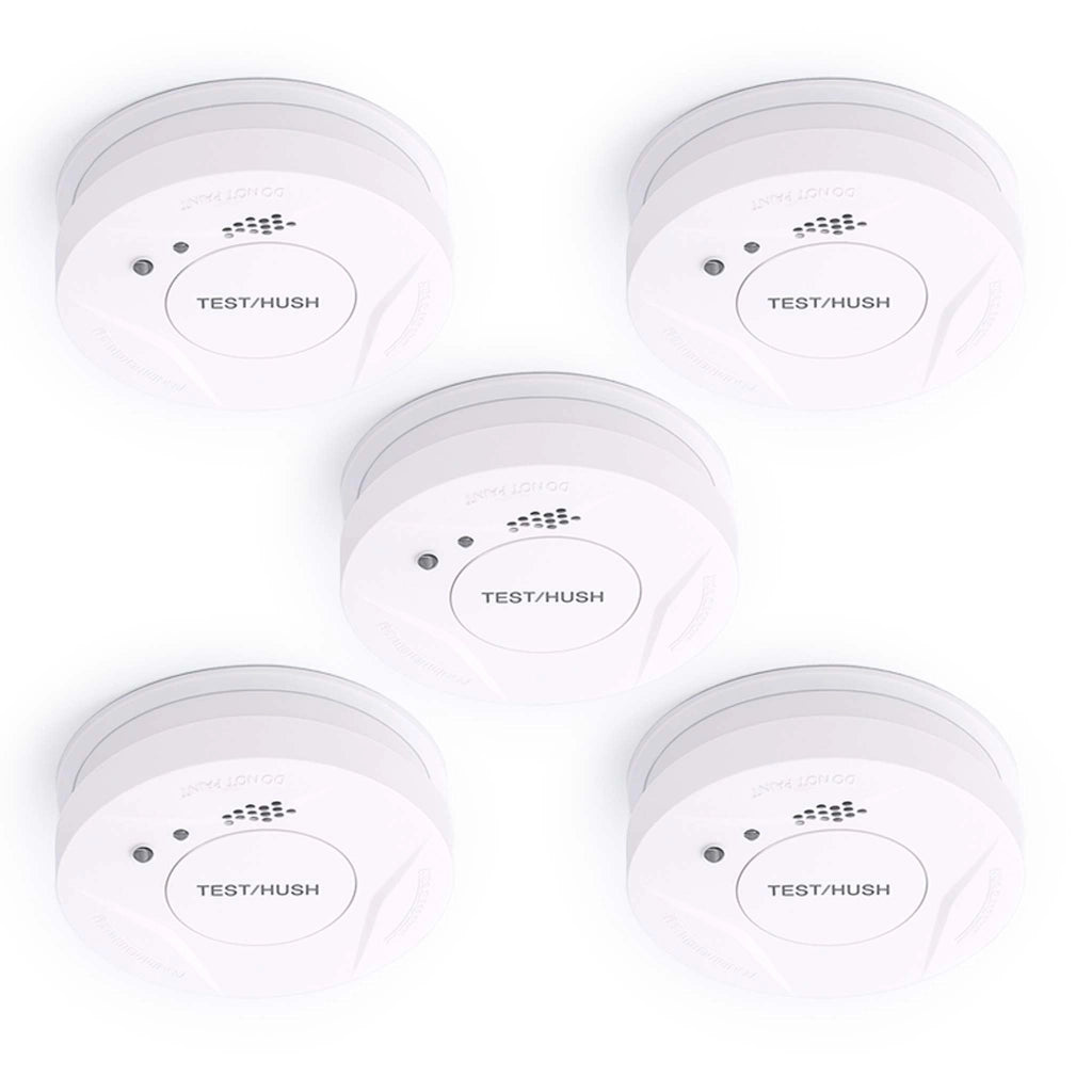 Set 5x Rilevatore di fumo con batteria fissa da 3 V, 10 anni senza manutenzione, allarme antincendio con funzione HUSH, sensore antifumo fotoelettrico affidabile con potenza sonora di 85 dB