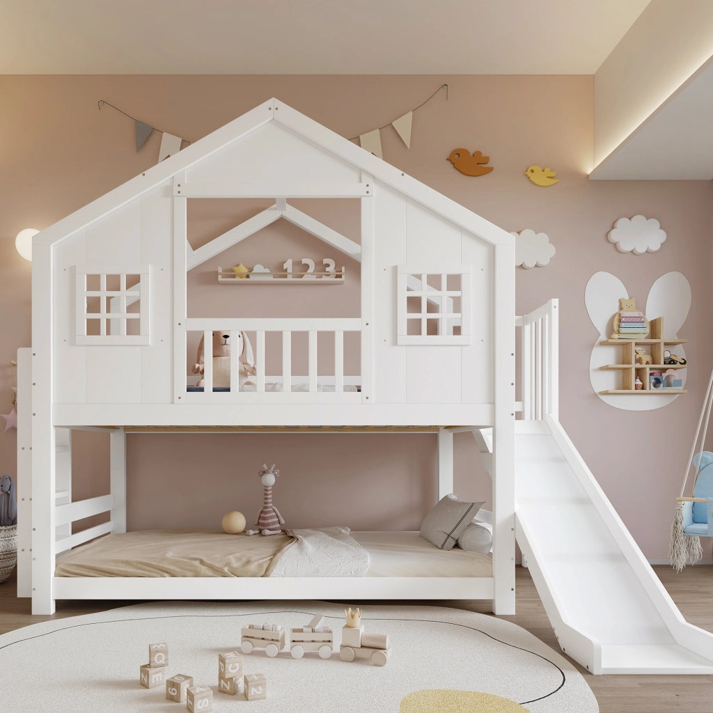 Letto a Castello con Scivolo e Finestre ¨C MINIMAL ¨C Pino/MDF, Bianco, 90x200