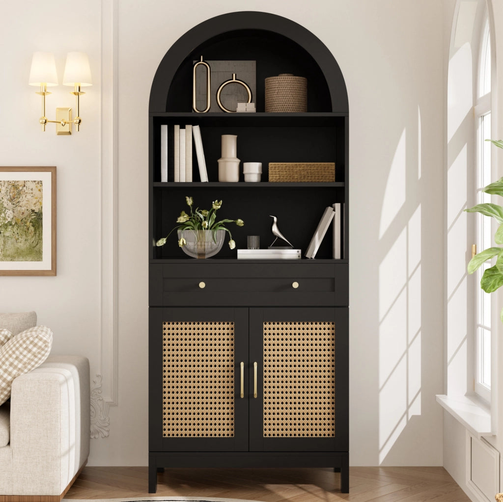 Vetrina con ante in rattan nero e legno, 70 x 40 x 170 cm