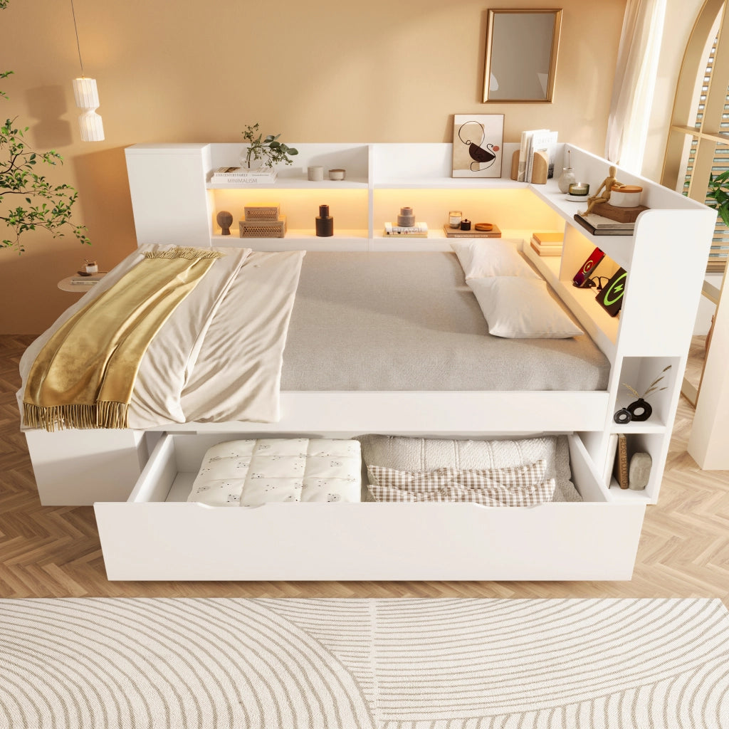 DESMIU Letto singolo 140 × 200 cm con USB, Type-C, LED, ripiani e cassetti, senza materasso, in legno, bianco