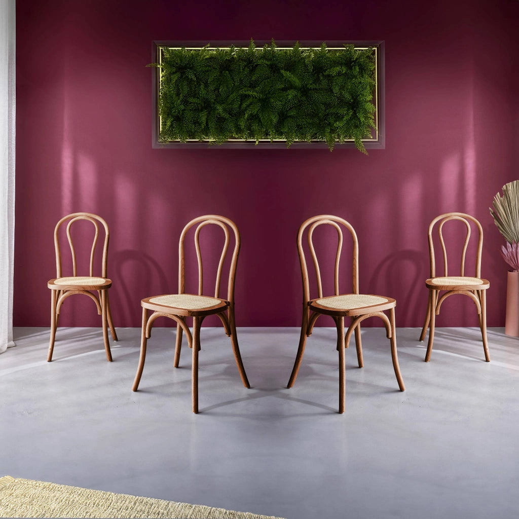 Set di 4 sedie vintage in legno e rattan, effetto noce