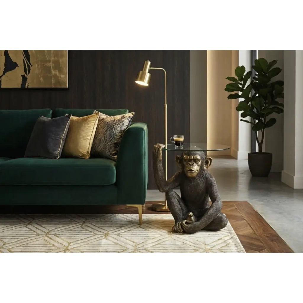 Tavolino ZANBARI rotondo 60 cm con scimmia decorativa e piano in vetro temperato