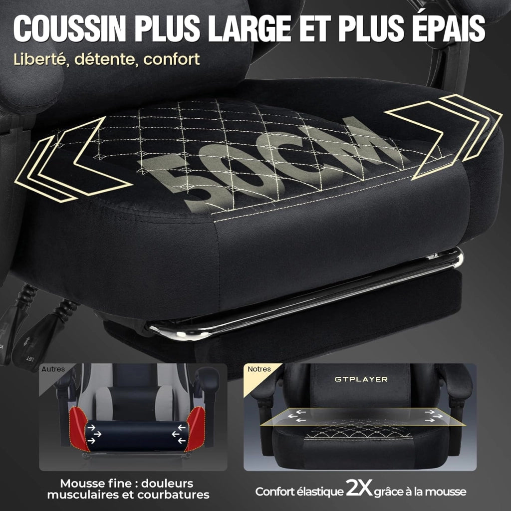 Sedia Gaming Poltrona Gaming Tessuto Sedia Gamer Ergonomica Ufficio Sedia PC 150 kg Sedia da tavolo regolabile e girevole con Cuscino Seduta a Molle e Poggiapiedi, Nero