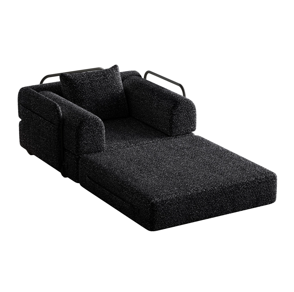 Divano letto singolo 2 in 1 in ciniglia nera con vano bracciolo