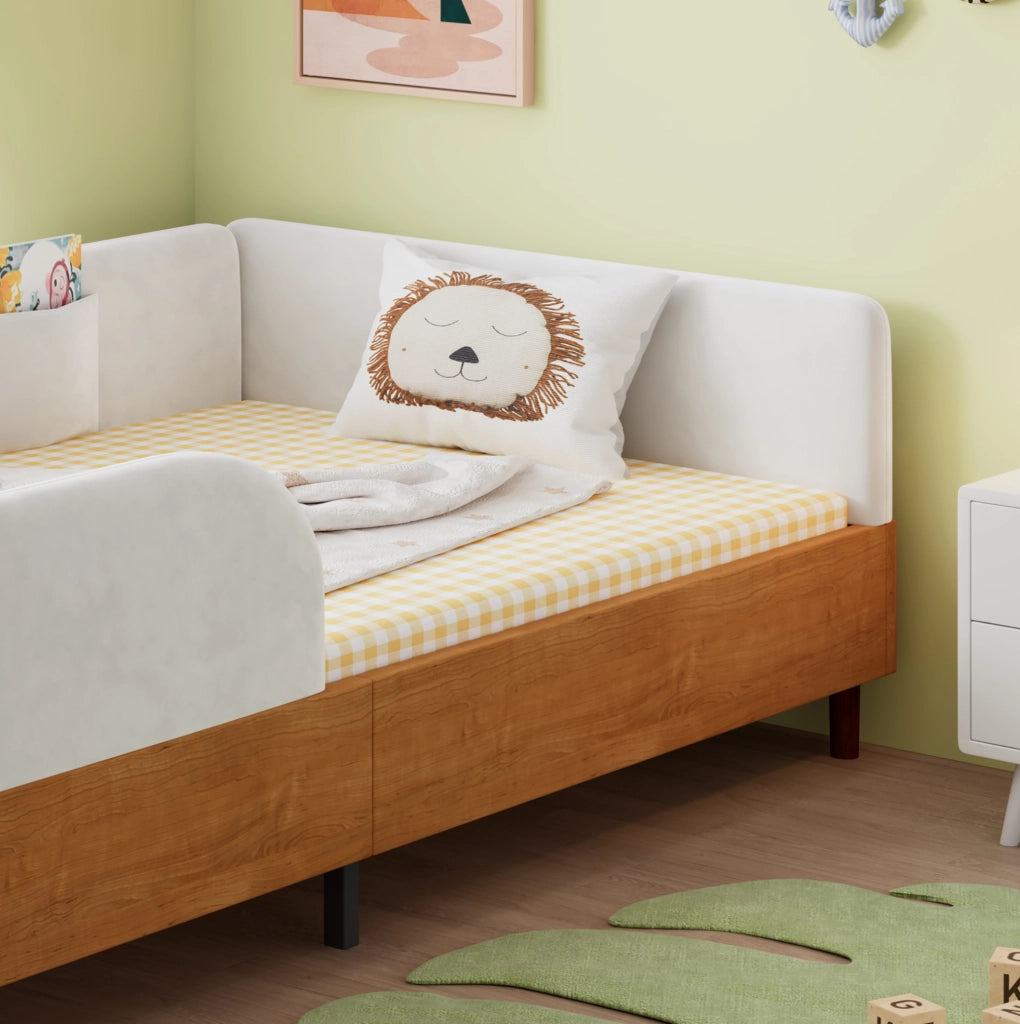Letto singolo imbottito per bambini 90×200 cm in velluto bianco con 2 tasche