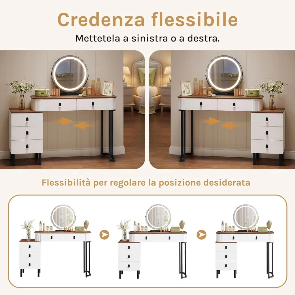 Postazione Trucco, Toeletta con Luci Dimmerabili, con Specchio Rimovibile, Consolle da Trucco per Donna, Cassettiera Spostabile