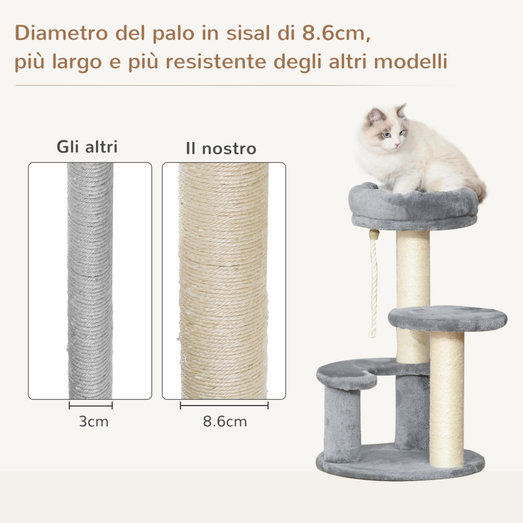 EasyComfort Albero Tiragraffi per Gatti a 3 Livelli con Piattaforme, Lettino e Pali in Sisal, Torre per Gatti con Rivestimento in Peluche, Ø40x65 cm, Grigio