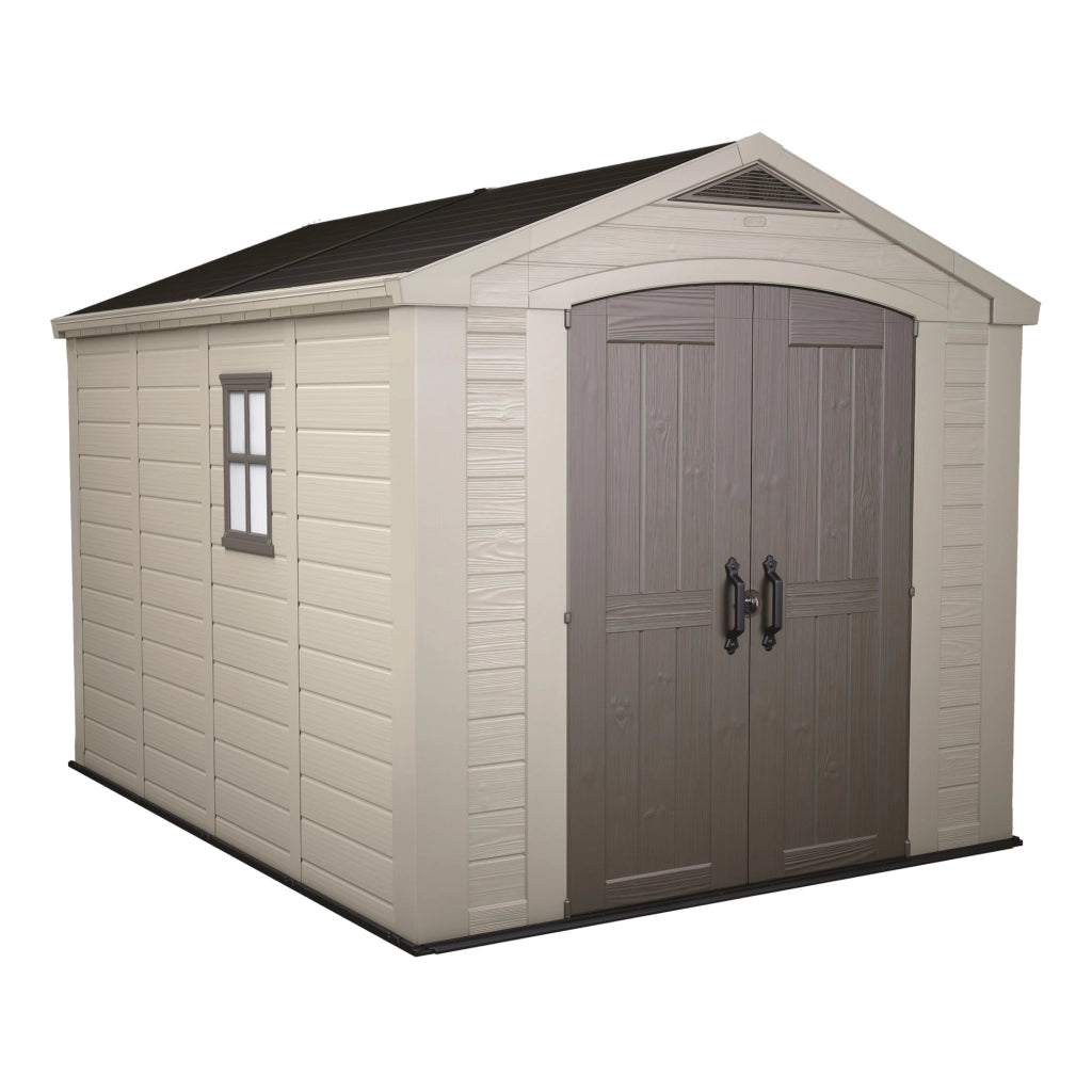 Factor 8x11 - Casetta da Giardino 256,50x243x331,50 cm 2 Ante per deposito attrezzi finitura effetto legno  in Resina Beige