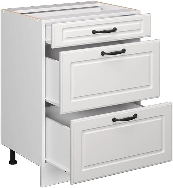 Mobiletto base per cucina R-Line, Bianco casa di campagna, 60 cm con cassetti, senza piano di lavoro, per la libera combinazione all'interno di sistemi cucina modulari