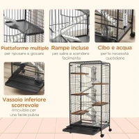 Gabbia per Piccoli Animali con Ruote, 5 Rampe e 5 Piattaforme, Ciotola e Bottiglia, 61.5x44x131 cm, Nero