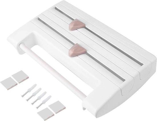 Sostegno per rotoli da cucina a muro con 3 rotoli - dispenser per pellicola per alimenti e pellicola per avvolgere - sostegno per rotoli da cucina con sfregiatori - 39 x 10 x 24 cm (bianco)