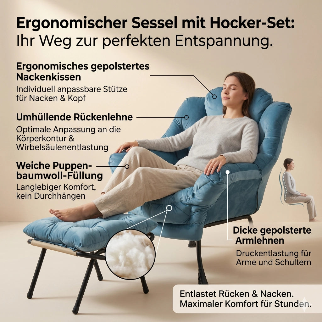 SEDIA Relax con Pouf Blu in Tessuto e Metallo