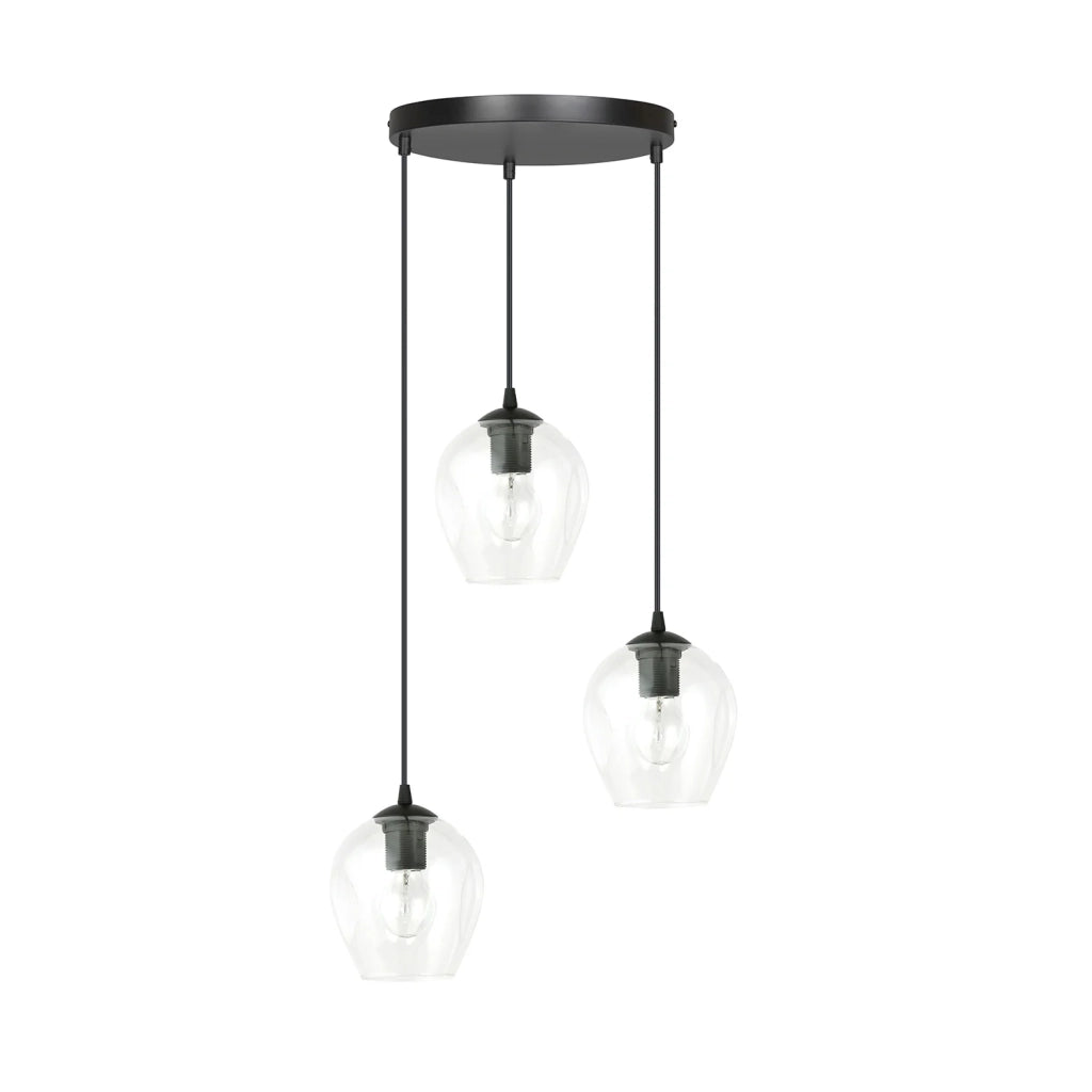 Lampadario 3 Luci Fuxi Base Tonda In Acciaio Nero E Vetri Trasparente