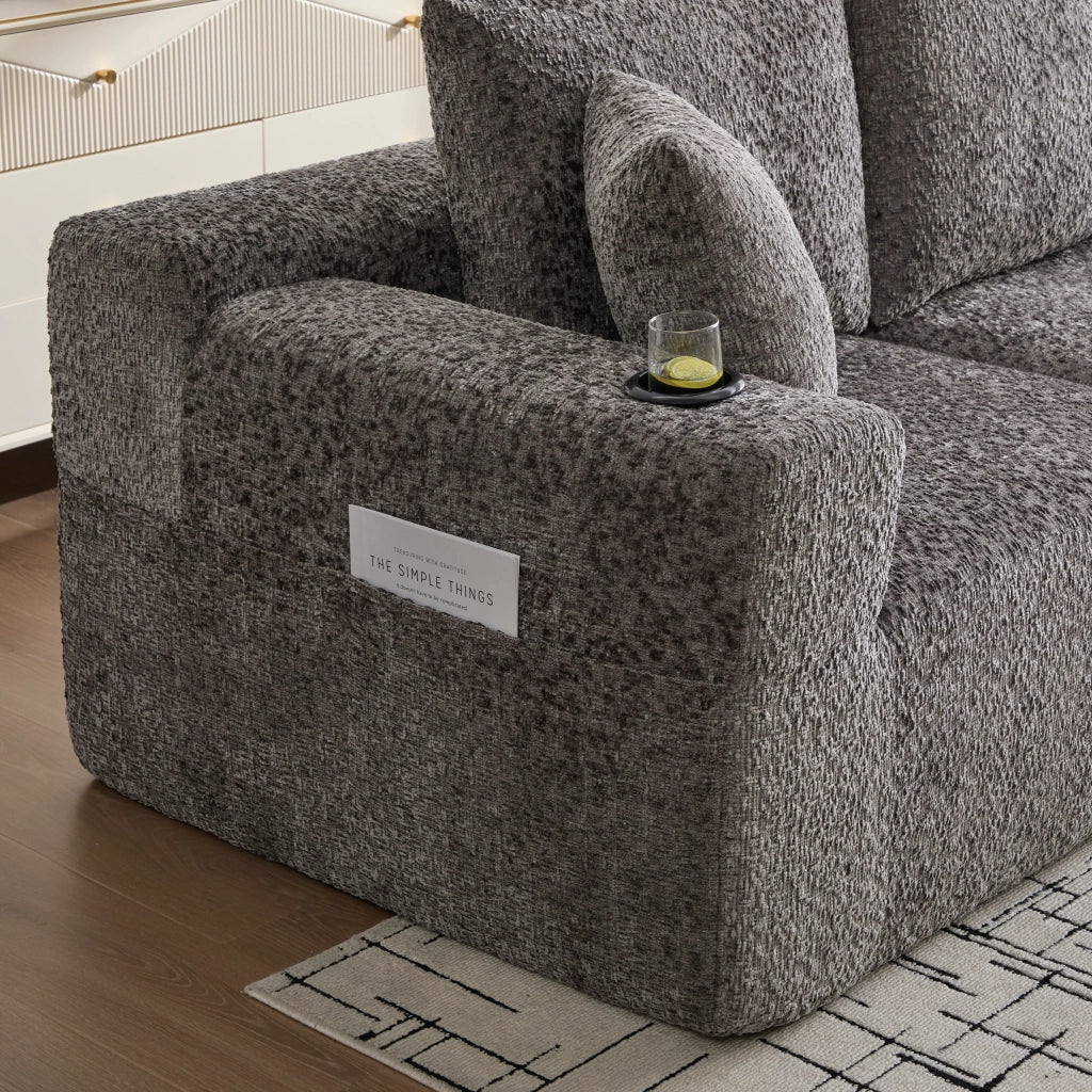 Divano angolare modulare in chenille con portabicchieri e tasche laterali grigio scuro 261 × 165 × 80 cm